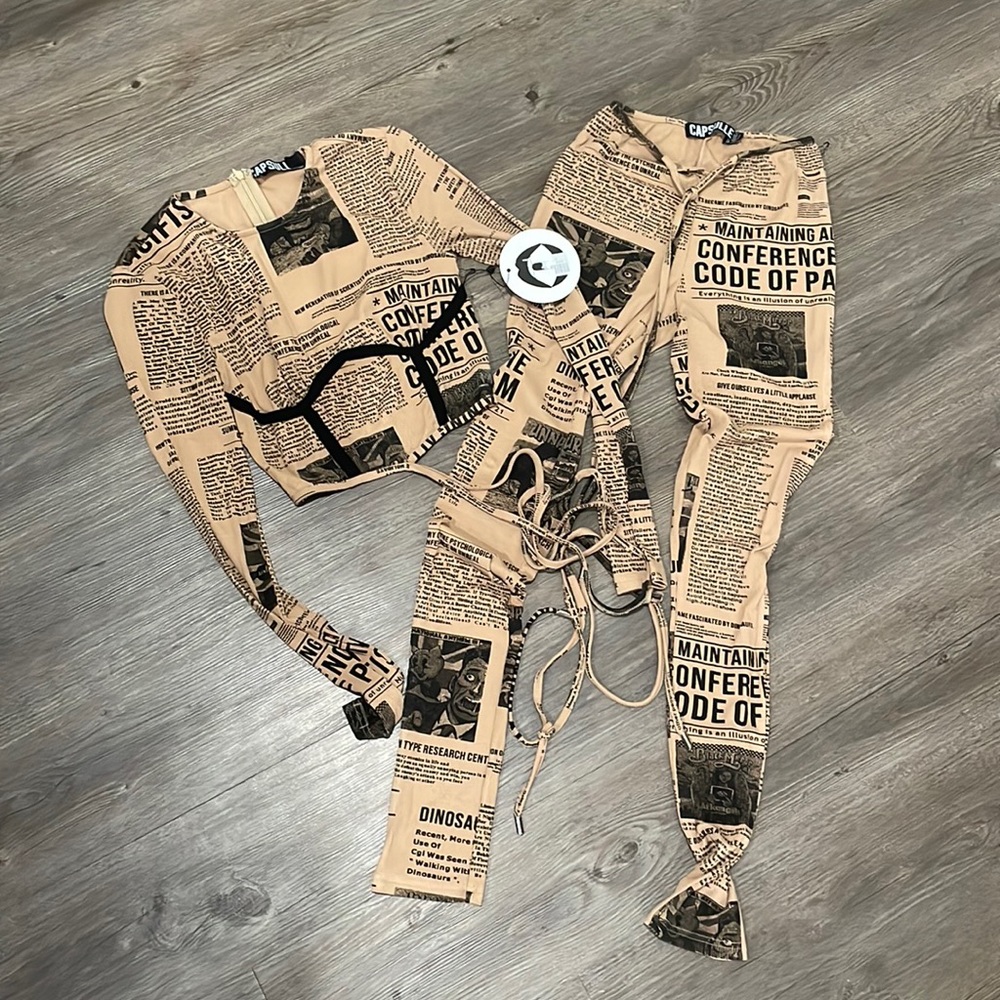 pants and long sleeve crop top set News paper print 2 piece